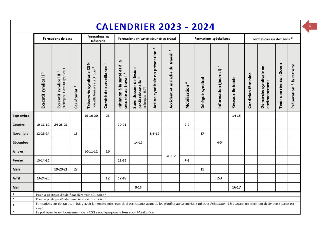 Calendrier Conseil central de la MontérégieCSN