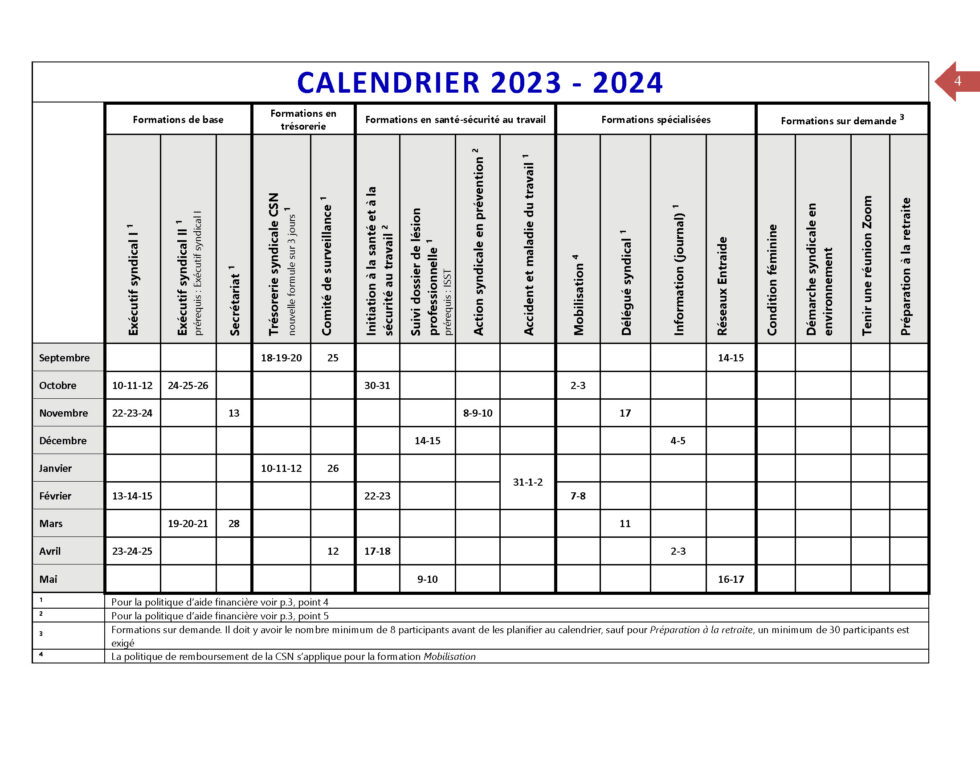 Calendrier Conseil central de la MontérégieCSN